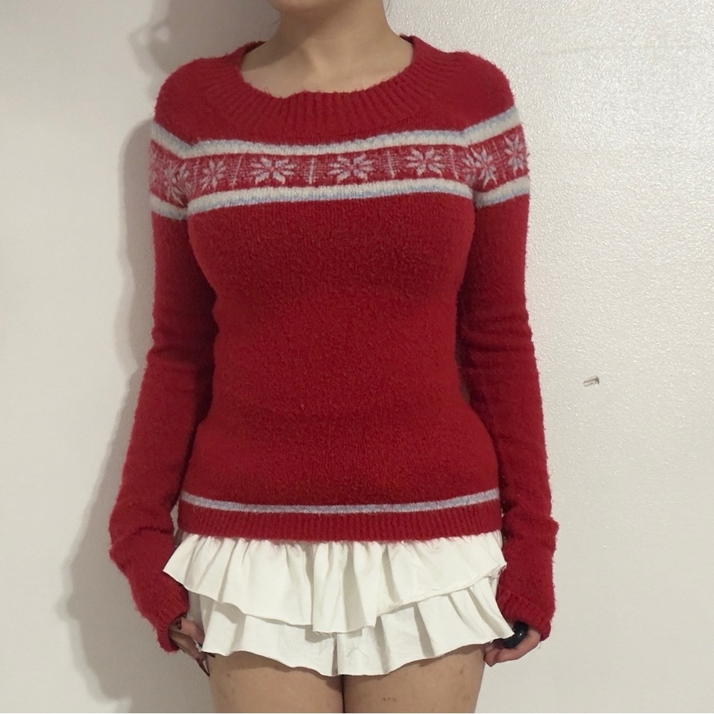 Red fuzzy sweater with white snowflake fair isle pattern design light blue trim